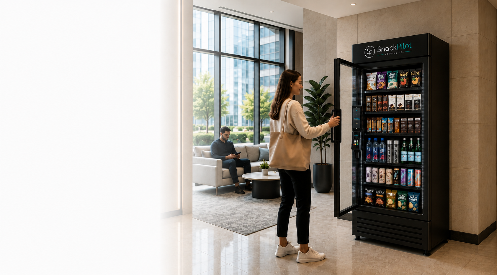 Resident using a SnackPilot smart vending machine in a bright condominium lobby